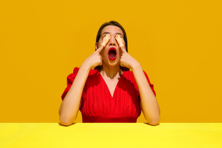 Woman in red dress with surprised expression, covering eyes with toy hands against yellow background. Emotive womanの写真素材