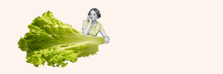 Monochrome image of beautiful young woman near giant lettuce piece isolated on white background....