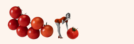 Creative banner for organic food market. Elegant young woman in red dress with tomatoes isolated on white background. Contemporary art collageの写真素材