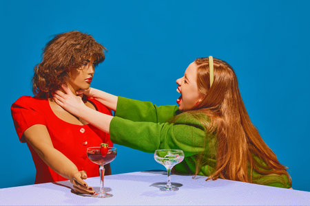 Young redhead woman sitting at table with mannequin and expressing stressful emotions against blue...