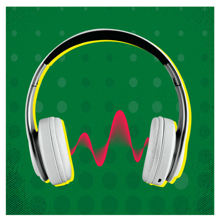 Headphones with red abstract design element depicting volume of sound against green background. Contemporary art collage.の写真素材