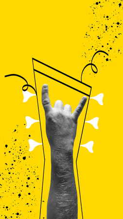 Male hand gesturing rock and roll symbol against yellow background. Contemporary art collage.の写真素材