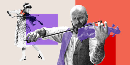 Young girl and man, musicians playing violin. Monochrome and color. Classical music compositions. Contemporary art collage.の写真素材