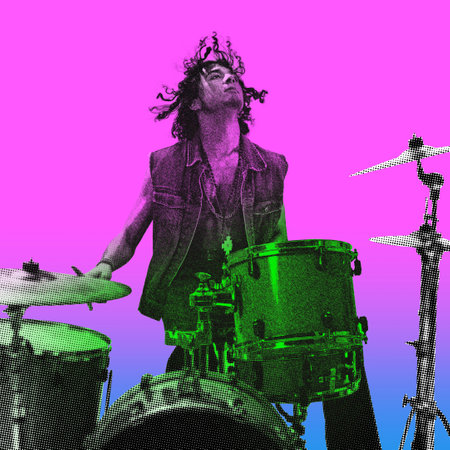 Monochrome image of artistic and energetic young guy playing drums. Dynamics and passion. Contemporary art collage.の写真素材