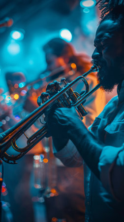 Close-up image of male musician on stage playing trombone with blurred band on background in night music club.の素材