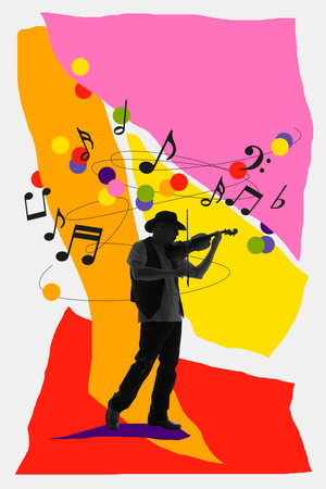 Talented man, musician playing violin on white background with abstract colorful elements. Contemporary art collage.の写真素材