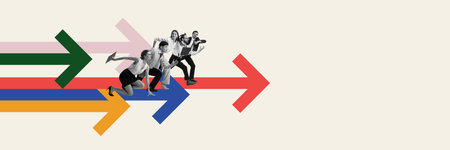 Employees running in front of multicolored line, competing with each other. Contemporary art collage. Pursuit of excellence and achievement in corporate worldの写真素材