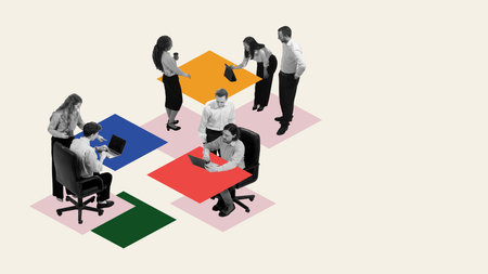 Employees sitting at different tables, cooperating with each other and doing different tasks. Contemporary art collage. Collective effort to achieve goalsの写真素材