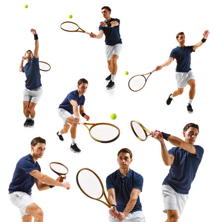 Collage. Young man, tennis player in motion with racket, training, playing isolated on white background.の写真素材