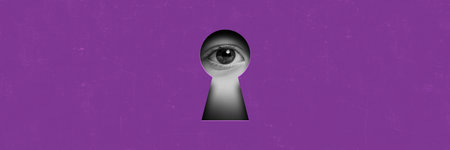 Little baby girl, kid looking into keyhole on purple background. Contemporary art collage. Innocence...