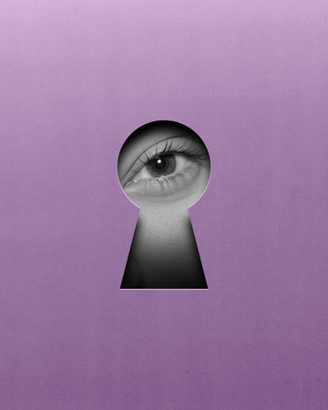 Calm female eye looking into keyhole on purple background. Contemporary art collage. Seeking clarity and understandingの写真素材