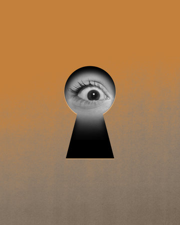 Unlocking hidden truths. Wide open shocked female eye looking into keyhole on gradient orange grey background. Contemporary art collage.の写真素材