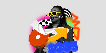 Monochrome stylish young woman in colorful look standing on light background with colorful abstract background. Contemporary art collage.の写真素材