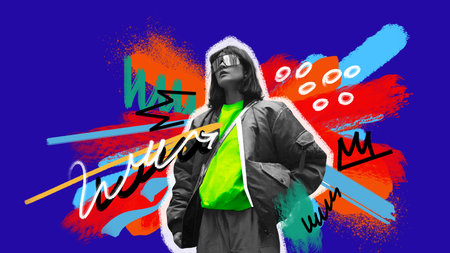 Young woman showing style in vibrant and colorful streetwear outfit on bright abstract background....