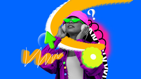 Hipster trends. Young woman wearing trendy sunglasses, headphones and casual clothes. Comfort....