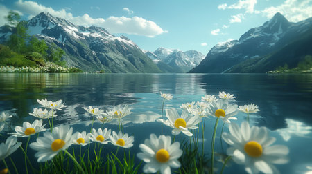 crystal-clear lake surrounded by mountains in the background. There are white flowers in the foreground.の素材