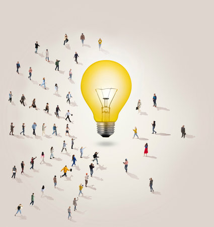 Group of people, men and women moving in direction to glowing lightbulb. Collective pursuit of knowledge and connection facilitated by the internetの写真素材