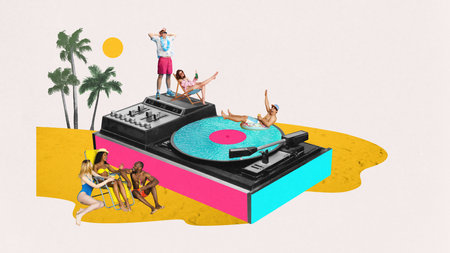 Young positive people, men and women relaxing on beach, sunbathing, swimming in pool. Party time. Contemporary art collage.の写真素材