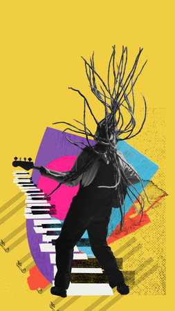 Sense of energy and excitement. Artistic man with dreadlocks playing guitar making energetic show on bright background. Contemporary art collage.の写真素材
