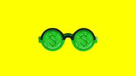 Pair of eyeglasses with dollar sign on yellow bright background. Contemporary art collage. Financial services, investment, financial literacyの写真素材