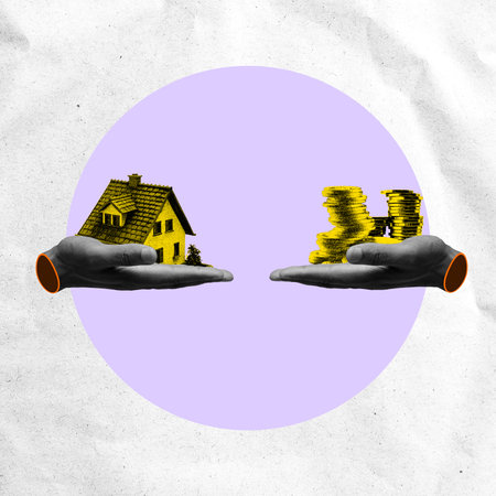 Two hands with coins and house. Mortgages and loans for homeownership. Financial investment in property. Contemporary art collage.の写真素材