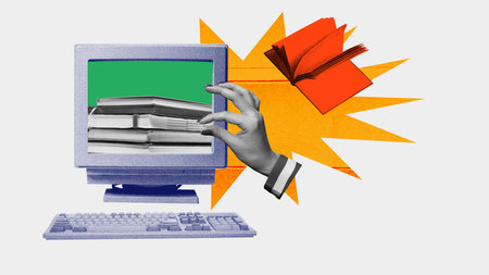 Hand taking books on computer screen. Contemporary art collage. Accessibility and convenience of...