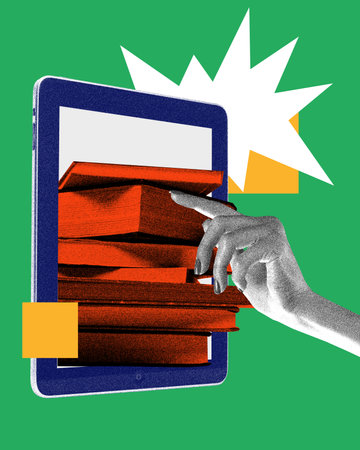Tablet with stack of books. Contemporary art collage. Integration of digital learning platforms with...
