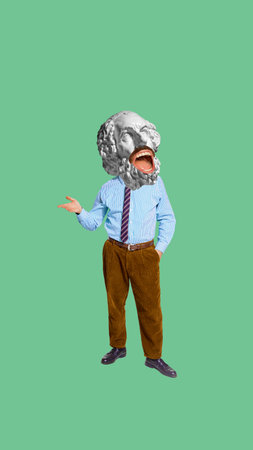 Man with an antique statue bust, wide open mouth standing and emotional talking. Contemporary art collage. Freedom of personal opinionの写真素材