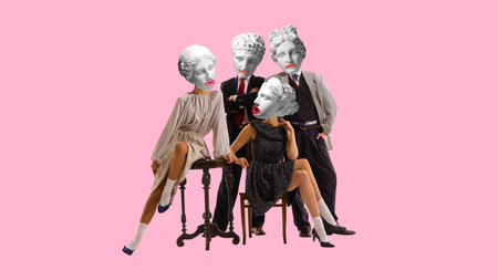 Four people, men and women with antique statue heads s wearing elegant stylish clothes, attending party. Contemporary art collage.の写真素材