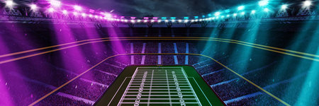 3D render image of American football stadium with goal post, grass field and blurred fans at playground during match. Neon illuminationsの写真素材