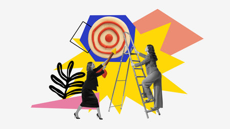 Young women, PR team aiming and climbing upwards the target. Contemporary art collage. Strategically reaching target audienceの写真素材