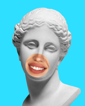 Female plaster statue bust with female mouth photo element, smiling, on blue background. Modern...