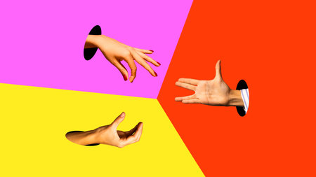 Human hands sticking out holes against multicolored background. Integration and cooperation. Contemporary art collage.の写真素材