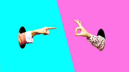 Male and female hands sticking out holes on blue pink background and gesturing. Femininity meets masculinity. Contemporary art collage.の写真素材