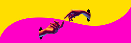 Male and female hands sticking out holes and reaching each other on yellow pink background. Support...