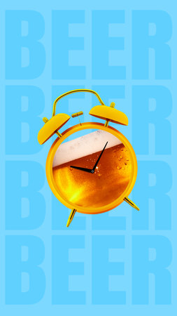 Its party time. Alarm clock filled with lager foamy beer against blue background with giant beer words. Contemporary art collage.の写真素材