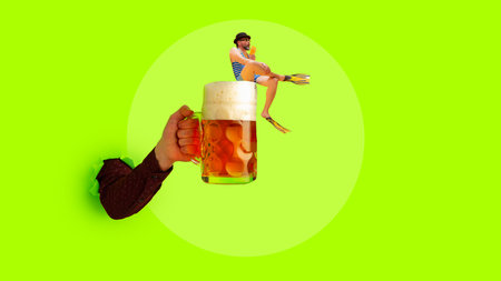 Man in striped swimsuit sitting on mug with foamy lager beer and resting on bright green background. Contemporary art collage.の写真素材