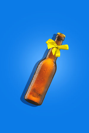 Cold, frosty beer bottle with a bright yellow bow against blue background. Contemporary art collage.の写真素材