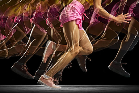 Cropped image of athletic, muscular female legs in motion, running against black background with...