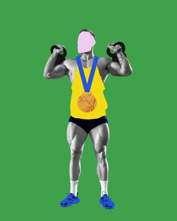 Athletic man with muscular body and gold medal, raising dumbbells against green background, Champion, winner. Contemporary art collage.の写真素材