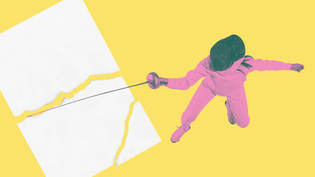 Young girl, professional athlete training, fencing against yellow background. Coordination of...