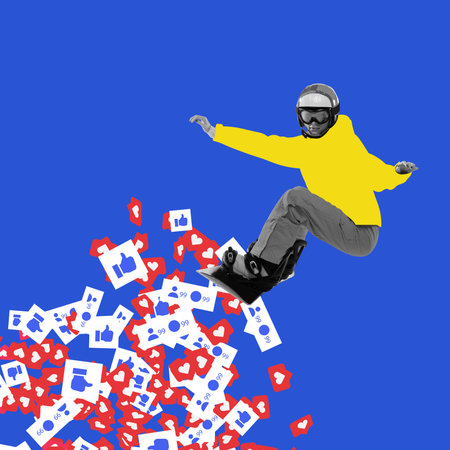 Snowboarder in yellow jacket surfing on wave of social media icons. Contemporary art collage....