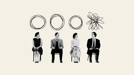 Being different from other. Young people sitting on chair with clear circles and man with tangled...