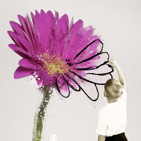 Little kid, boy drawing colorful big flower. Imagination and fantasy, hobby. Contemporary art collage.の写真素材