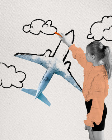Little creative girl, child drawing plane and clouds. Imagination and freedom. Contemporary art collage.の写真素材