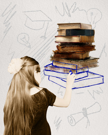 Girl, child drawing books with chalk. Education system for kids. Happiness in learning. Contemporary art collage.の写真素材