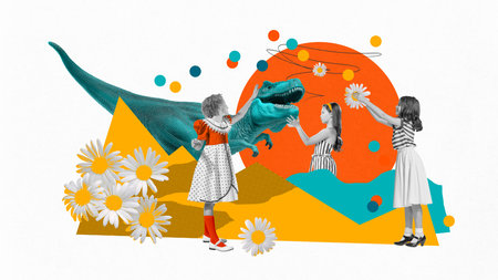 Little girls, children playing with imagination and tout against white background with abstract...