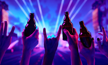 Rock and roll, music live concert event. People attending live concert, having fun, drinking beer, dancingの写真素材