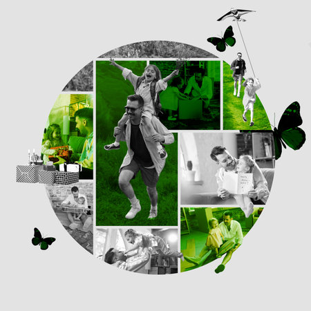Family bonding. Collage with joyful moments between father and daughter, showing love and care. Creative conceptual design. Happy Father Dayの写真素材