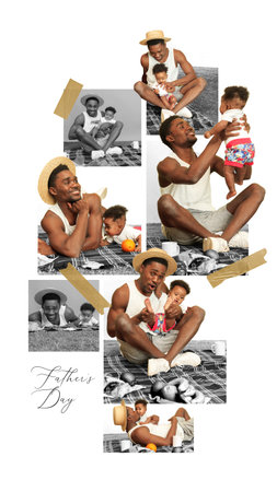 Memorable moments. Happy father and his child, little baby enjoying sunny picnic outdoors. Creative conceptual design. Happy Father Dayの写真素材